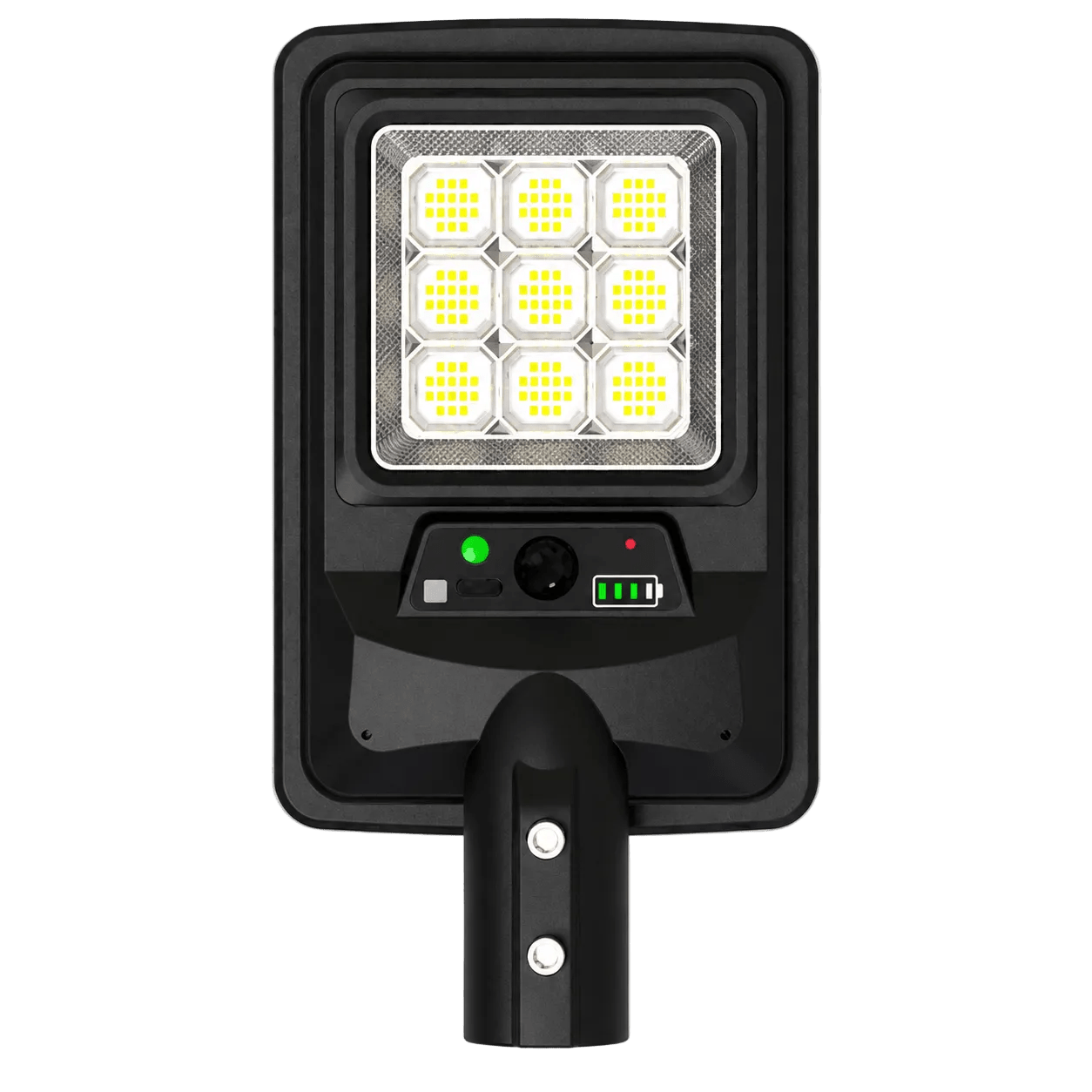 A black solar street light with a rectangular housing, featuring a grid of nine bright yellow LED light panels on the front, a power indicator with a green LED and a USB charging port, and a mounting pole extending downward.