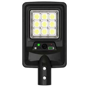 A black solar street light with a rectangular housing, featuring a grid of nine bright yellow LED light panels on the front, a power indicator with a green LED and a USB charging port, and a mounting pole extending downward.
