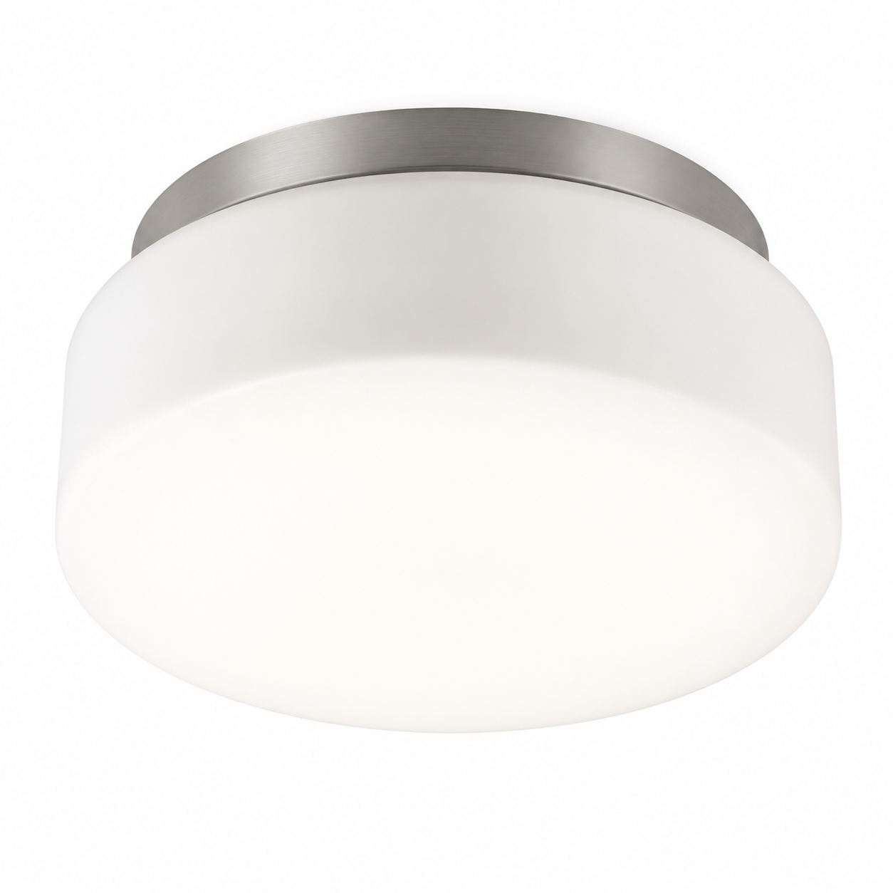 Ceiling light fixture with white shade and silver rim on a white background
