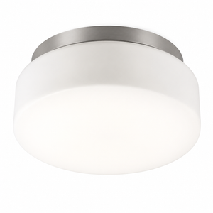 Ceiling light fixture with white shade and silver rim on a white background