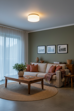 Living room with a white glass ceiling light illuminating a cozy seating area with a beige sofa and wooden table.