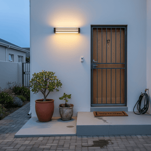 Outdoor wall light illuminating a modern entrance with potted plants and a welcome mat.