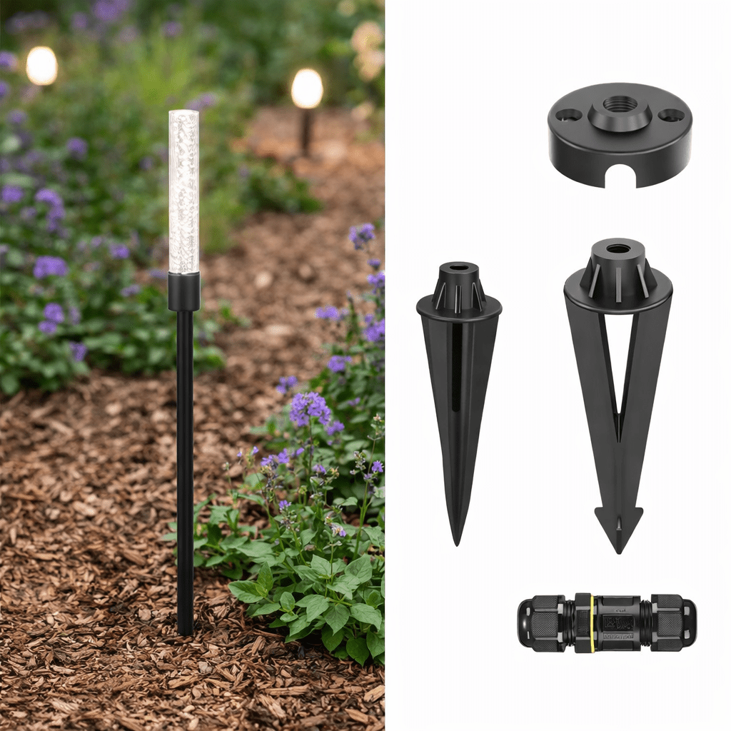 Garden lighting system with components on a white background
