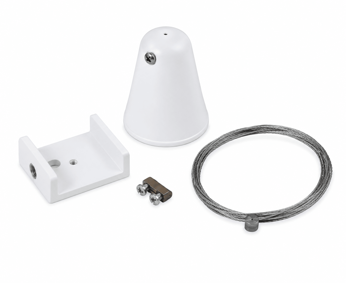 White suspension track kit components including a ceiling cup, metal wire, and mounting hardware.
