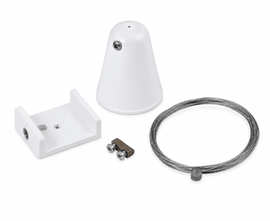 White suspension track kit components including a ceiling cup, metal wire, and mounting hardware.