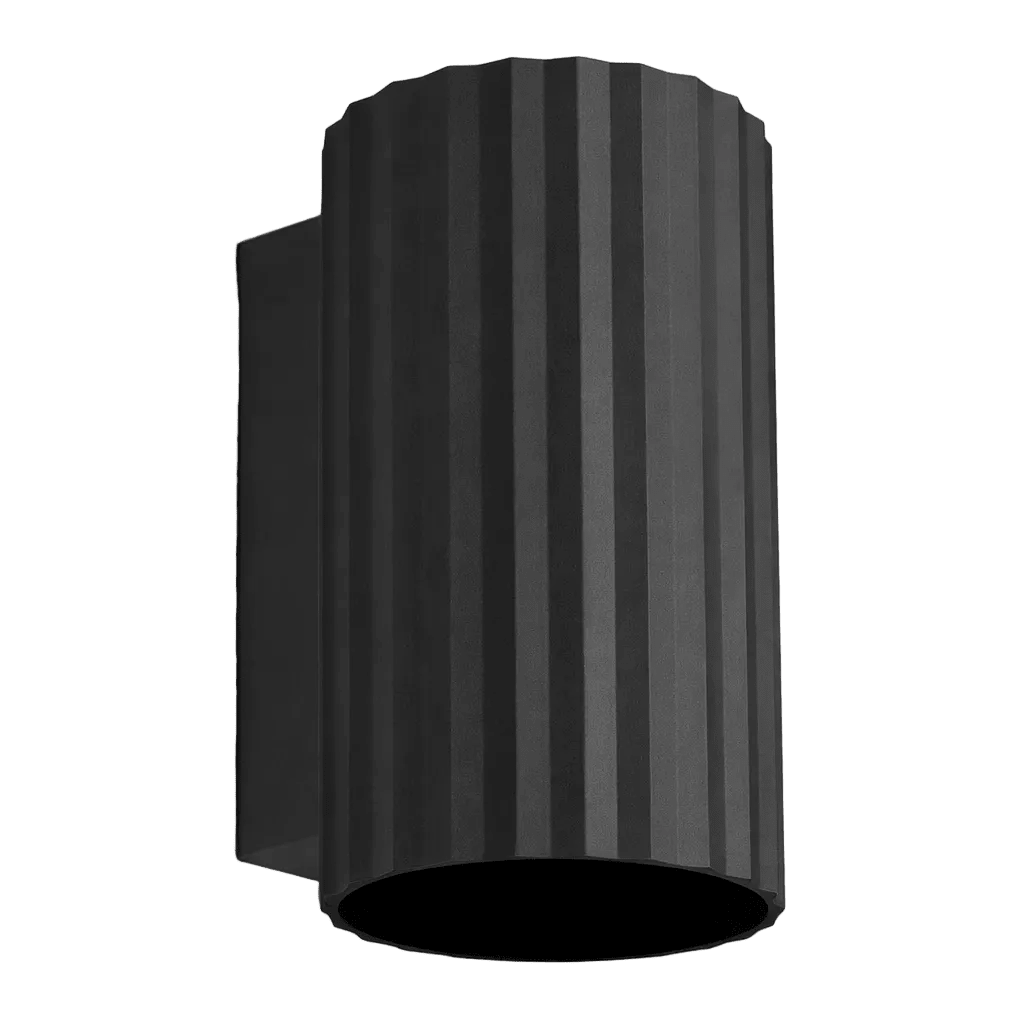 Black ribbed cylindrical wall light with side mounting bracket, shown against a green background.