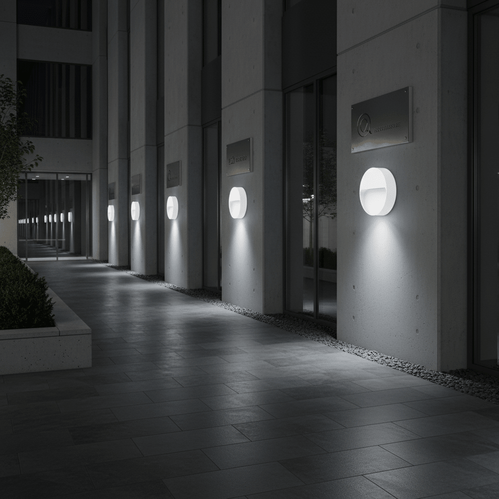 A modern outdoor wall light illuminates a sleek pathway beside a contemporary building at night.