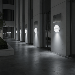 A modern outdoor wall light illuminates a sleek pathway beside a contemporary building at night.