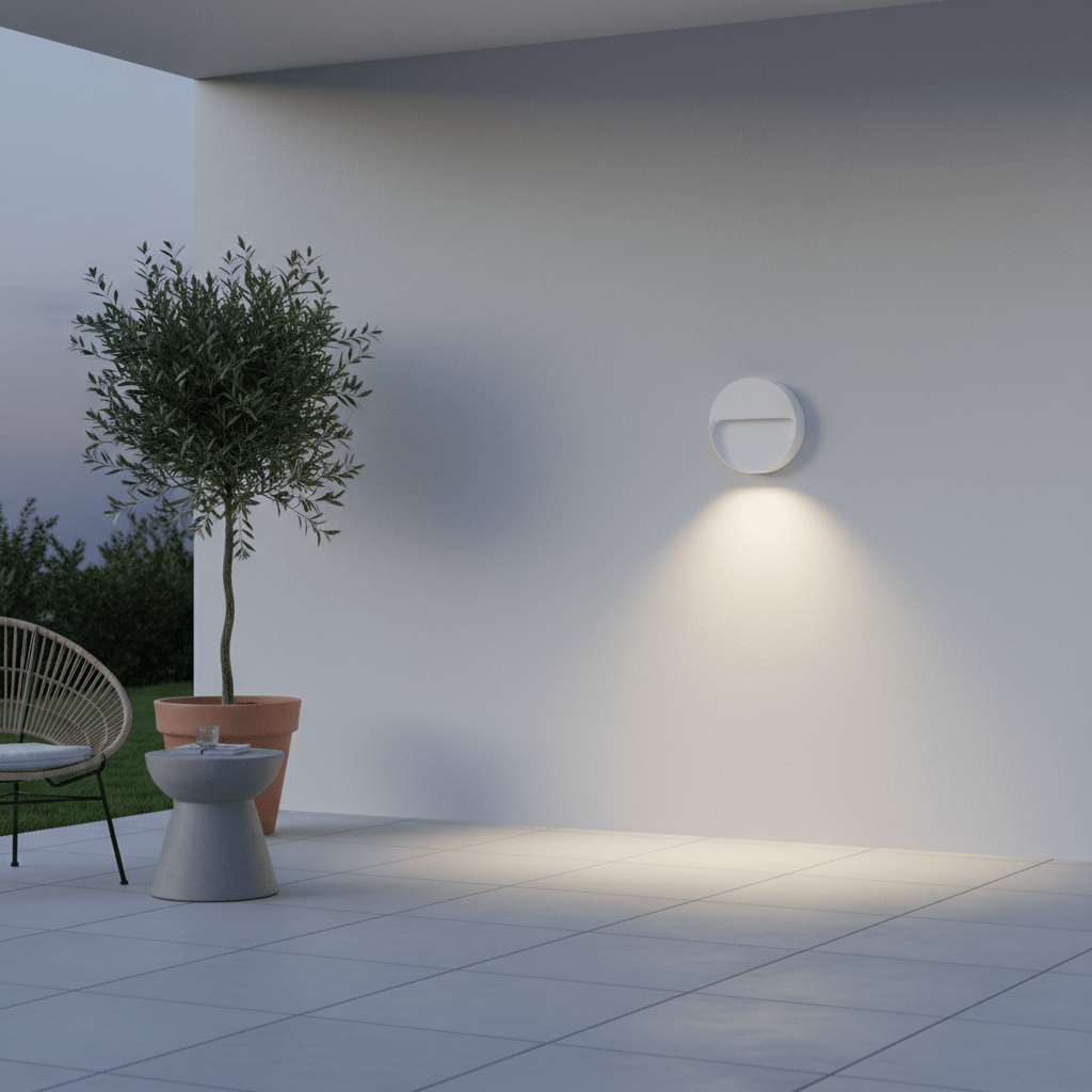 White LED wall light illuminating a patio with a potted plant and chair nearby.