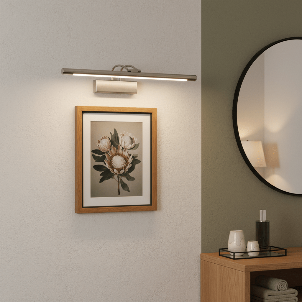5W Satin Picture Light illuminating a framed artwork in a modern interior setting.
