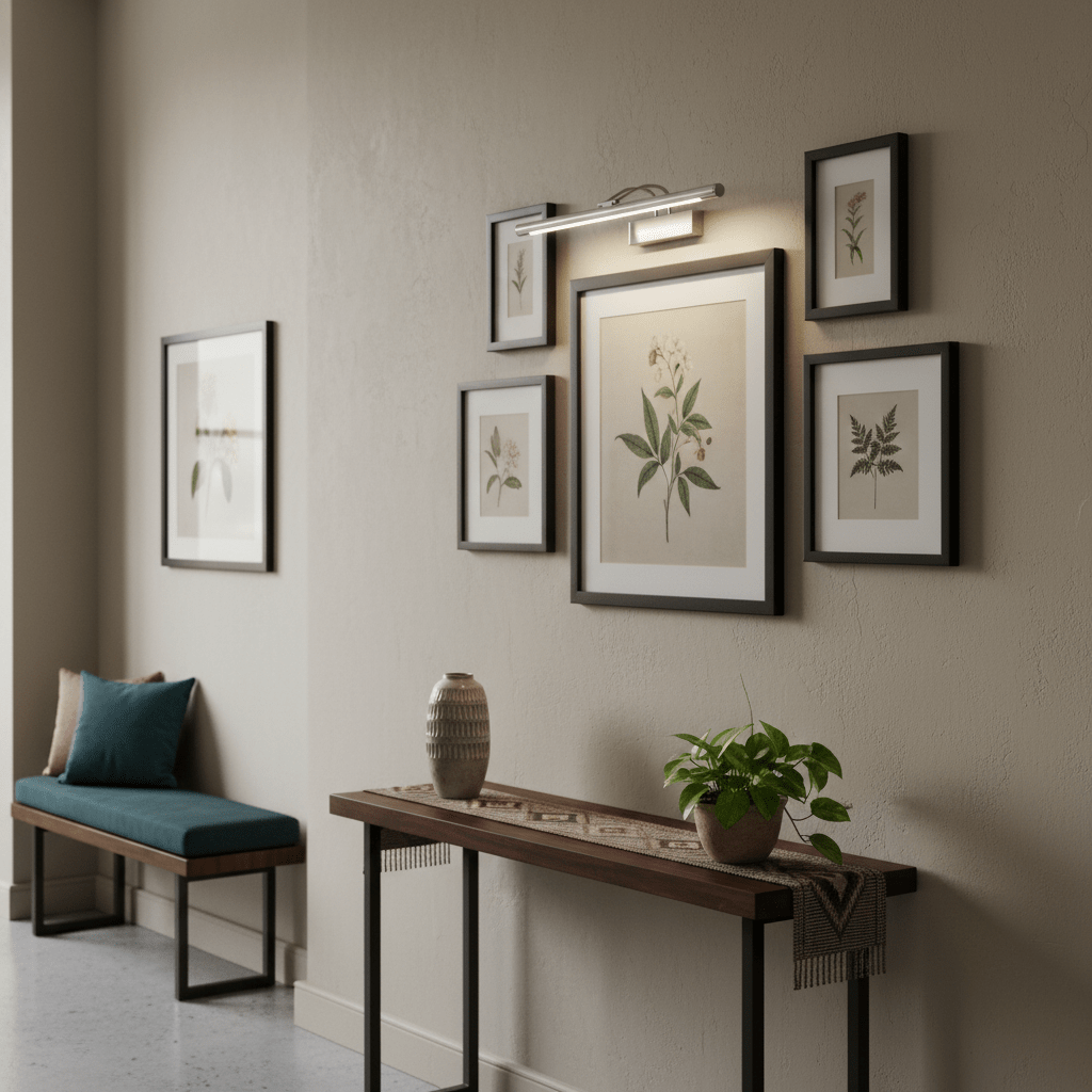 5W Satin Picture Light illuminating framed botanical art on a wall above a wooden console table.
