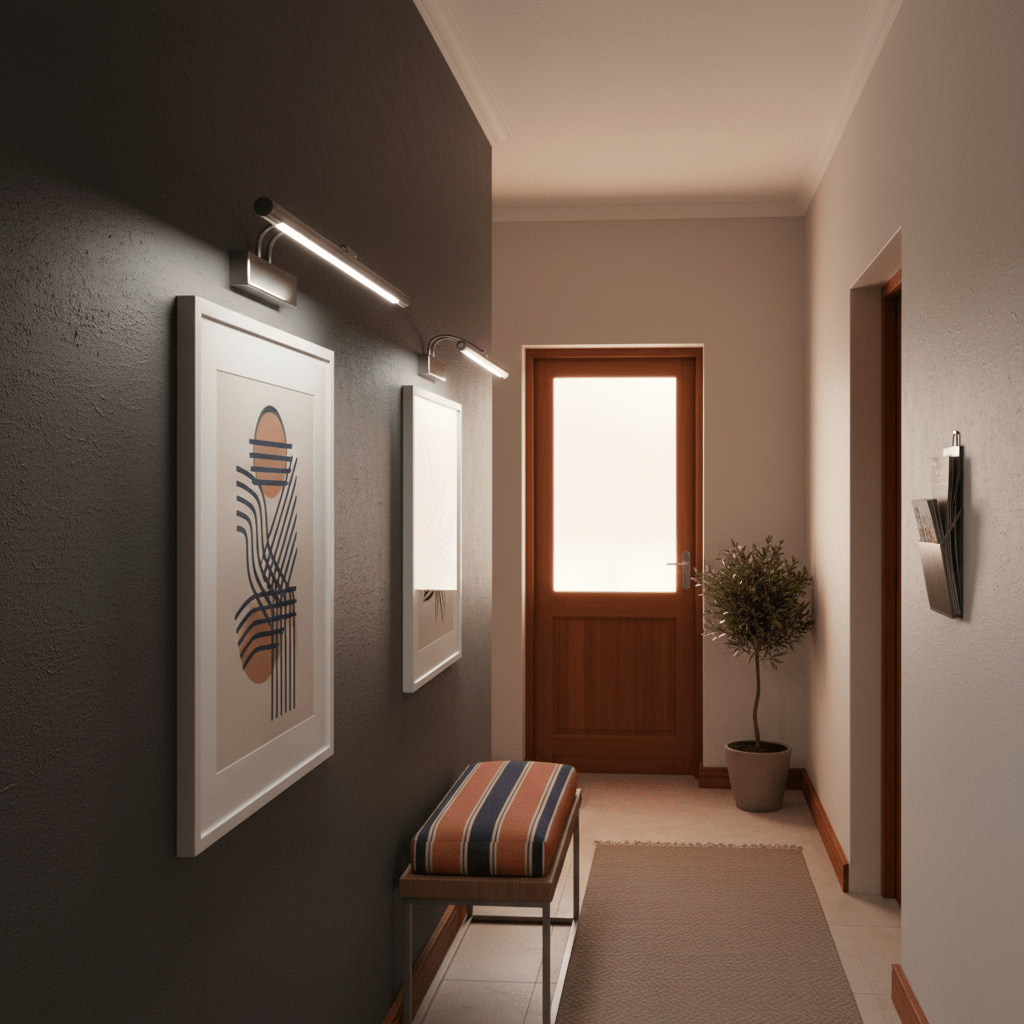 A hallway featuring two framed artworks illuminated by a sleek satin picture light, with a bench and potted plant.