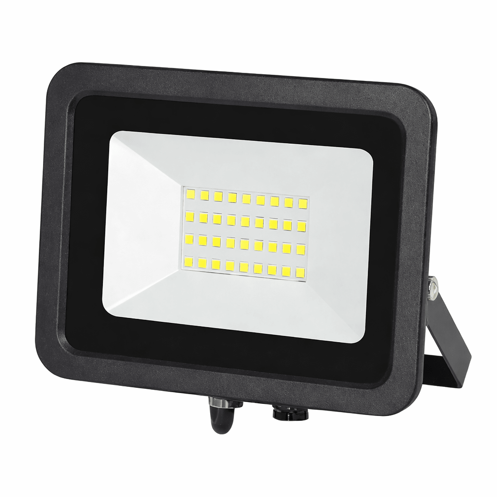 Black RGBW LED flood light on a white background