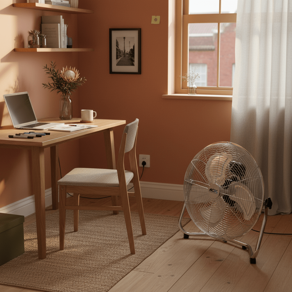 Industrial floor fan placed in a cozy home office with wooden desk and chair.