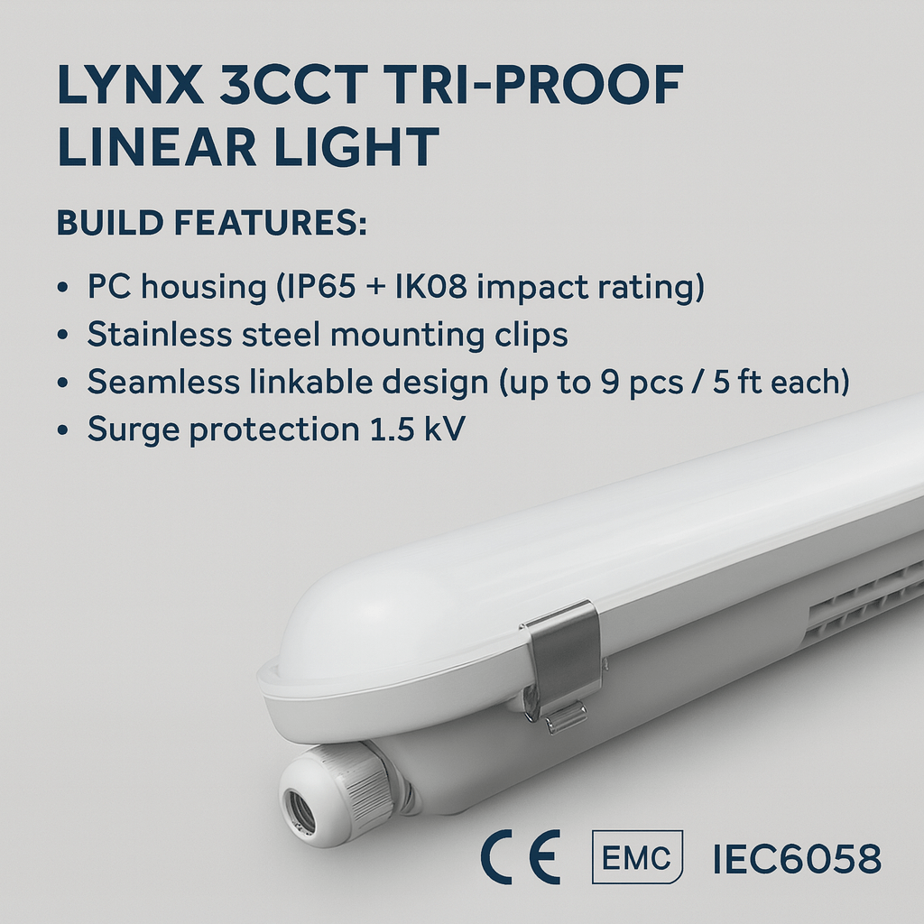 LYNX 3CCT TRI-PROOF LINEAR LIGHT with features listed on a gray background