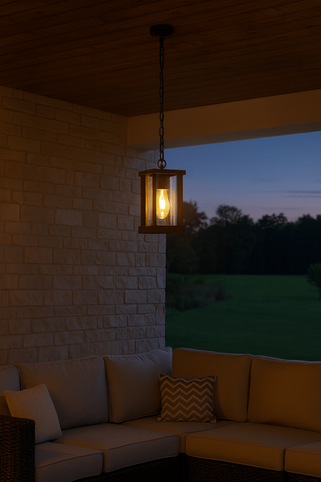 Outdoor seating area with a lit lantern on a brick wall at dusk.
