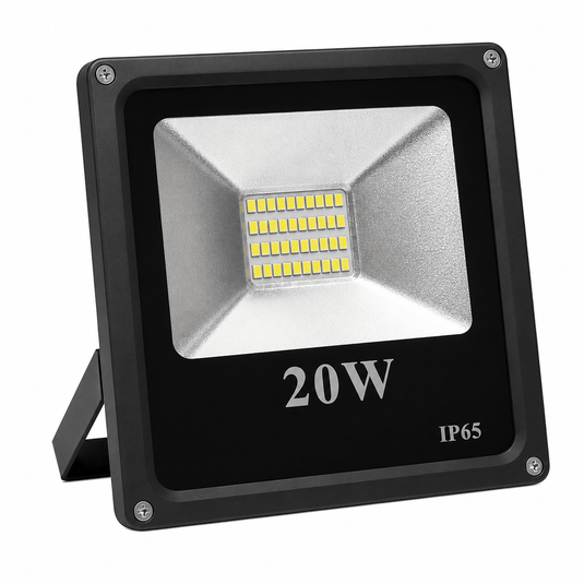 20W LED flood light with a sleek design, showcasing a silver reflector and black casing, ideal for outdoor use.