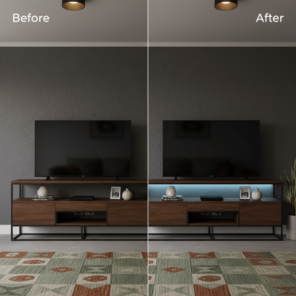 Comparison of a living room TV unit before and after installing RGB LED strip lighting for accent effects.