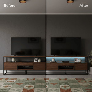 Comparison of a living room TV unit before and after installing RGB LED strip lighting for accent effects.