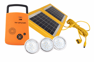 Solar lighting system with orange lantern, solar panel, and three LED lights on a white background