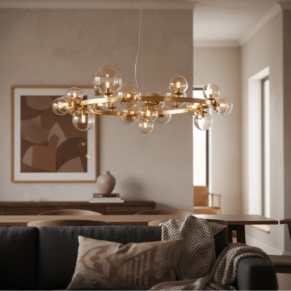 Round bubble pendant light in French Gold with cognac glass, suspended over a modern dining area.
