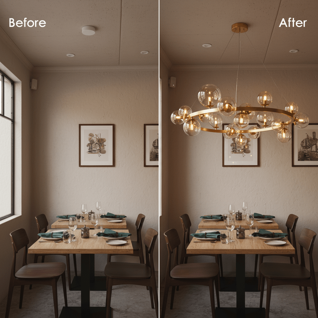 Before and after image showing a dining area transformed by a round bubble pendant light in French Gold.
