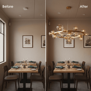 Before and after image showing a dining area transformed by a round bubble pendant light in French Gold.