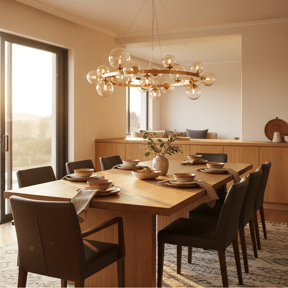 Round bubble pendant light in French Gold with cognac glass above a wooden dining table set for a meal.