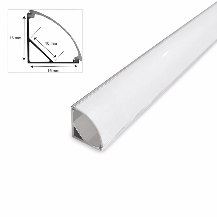 90° aluminium LED profile corner design with opal white cover, showcasing dimensions and sleek finish.