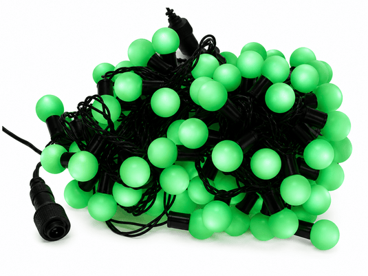 Connectable LED ball string lights with green bulbs and black wiring, coiled together.