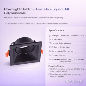 Close-up of a low glare square tilt downlight holder in black polycarbonate, showcasing its recessed design and adjustable