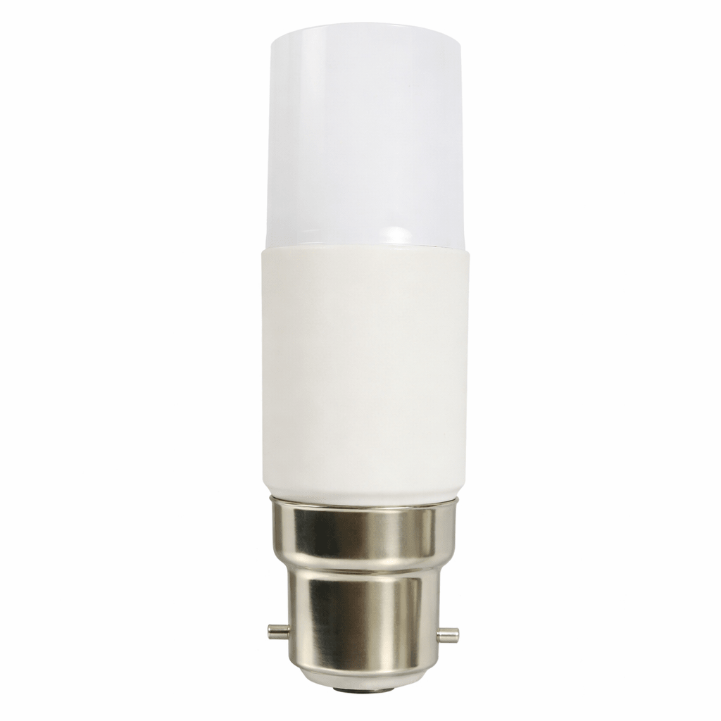 Close-up of a slim LED bulb with a white and metallic finish, showcasing its design and base.