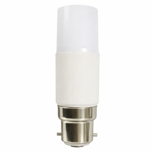 Close-up of a slim LED bulb with a white and metallic finish, showcasing its design and base.
