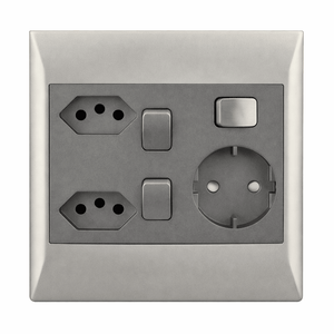 4 x 4 wall socket plate featuring two RSA sockets and one Schuko socket, each with individual switches.