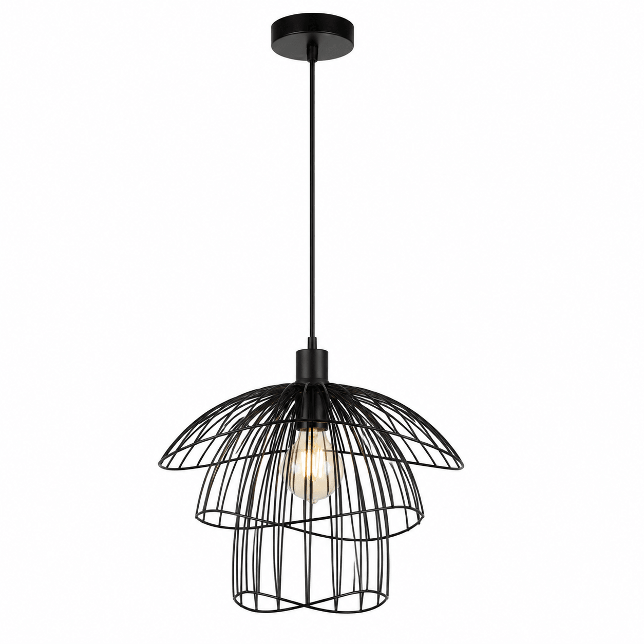 Stylish black pendant light with a layered wire design, ideal for modern dining spaces.