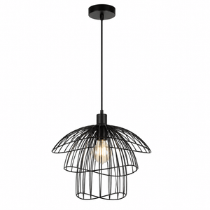 Stylish black pendant light with a layered wire design, ideal for modern dining spaces.