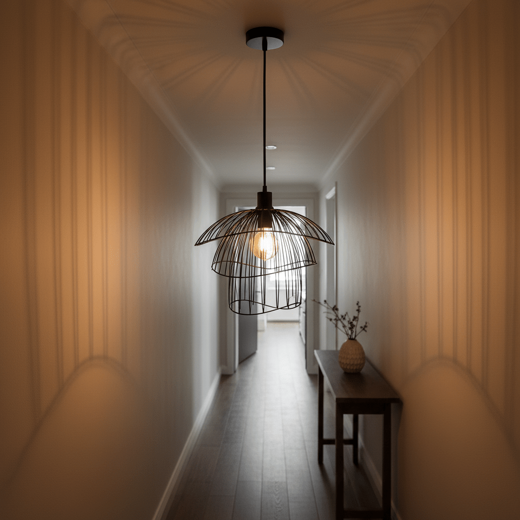 Stylish black pendant light hanging in a hallway, casting intricate shadows on the wall.