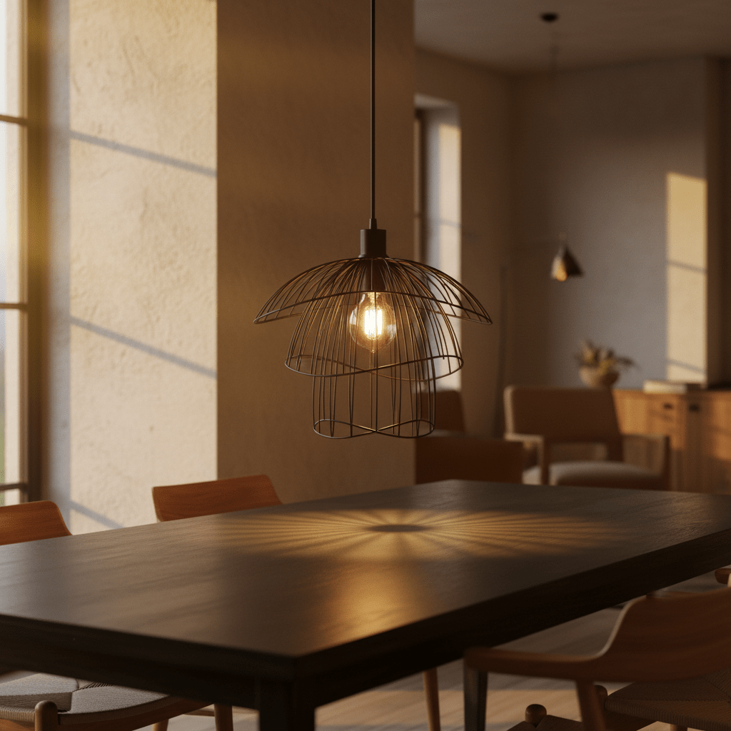 Stylish black pendant light hanging above a dining table, casting intricate shadows.