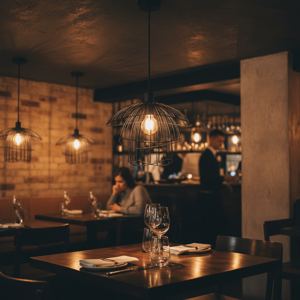 Three black pendant lights hang over a wooden dining table set with glasses and cutlery in a cozy restaurant.