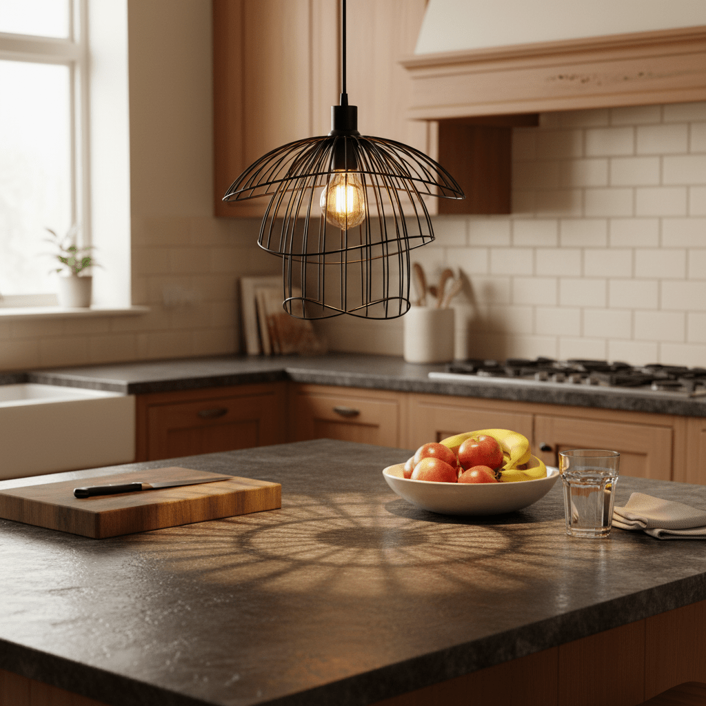 Stylish black pendant light casting shadows over a kitchen countertop with fruit and a glass.