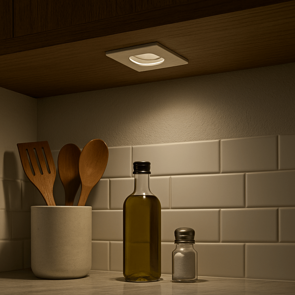 LED cabinet light installed under a wooden shelf, illuminating kitchen utensils and a bottle.