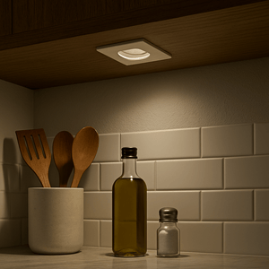 LED cabinet light installed under a wooden shelf, illuminating kitchen utensils and a bottle.