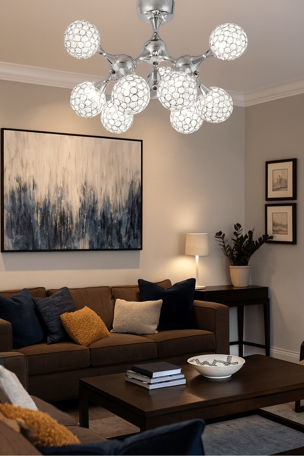 Modern living room with a chandelier, sofa, coffee table, and wall art.