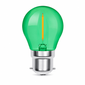 1W transparent filament golf ball bulb in green with a silver base, showcasing its decorative design.