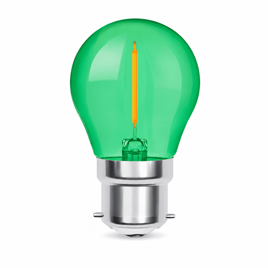 1W transparent filament golf ball bulb in green with a silver base, showcasing its decorative design.