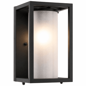 Black outdoor wall lantern with rectangular frame and glowing frosted glass cylinder