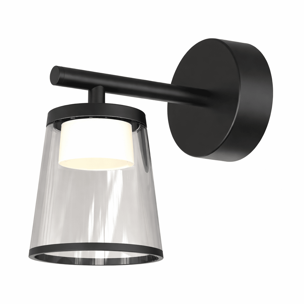 Black wall-mounted light fixture with clear glass shade on a white background