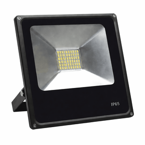 Black 50W 48V DC outdoor LED floodlight with visible LED array and IP65 marking
