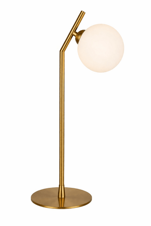 Gold table lamp with a white glass shade on a white background