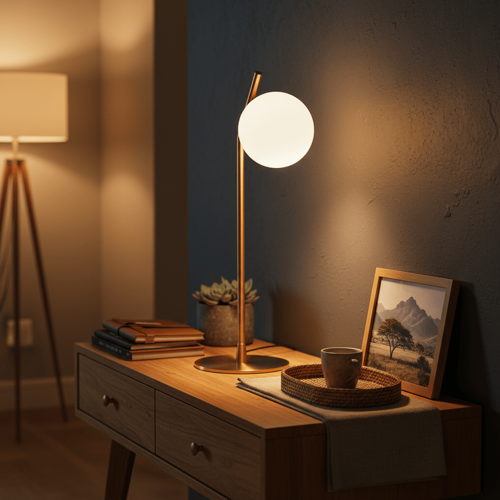 G9 Glass & Gold Table Lamp on a wooden console table with a cozy ambiance, featuring a frosted globe and gold base.